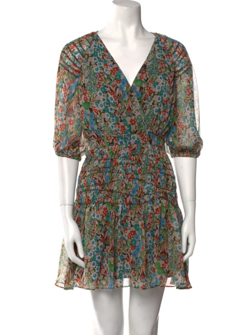 Ted Baker Floral V-Neck Smocked Waist Dress - Multicolor